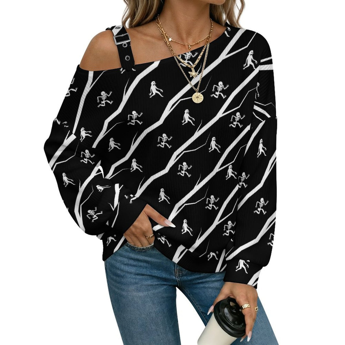 Off-the-shoulder Sweater Running Skeleton,Halloween  Asymmetric Cold Shoulder Knit Sweater for Women, Adjustable Buckle Strap Long Sleeve Casual Slouchy Pullover