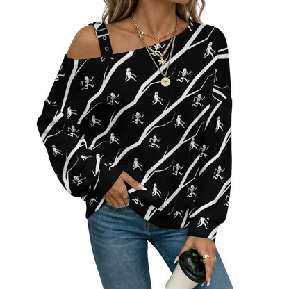 Off-the-shoulder Sweater Running Skeleton,Halloween  Asymmetric Cold Shoulder Knit Sweater for Women, Adjustable Buckle Strap Long Sleeve Casual Slouchy Pullover