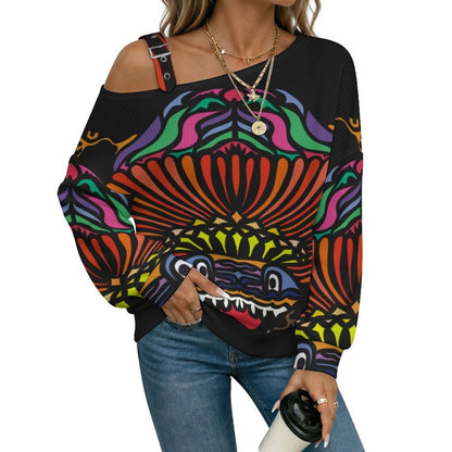 Off-the-shoulder Sweater Abstract Animal Pattern  Asymmetric Cold Shoulder Knit Sweater for Women, Adjustable Buckle Strap Long Sleeve Casual Slouchy Pullover