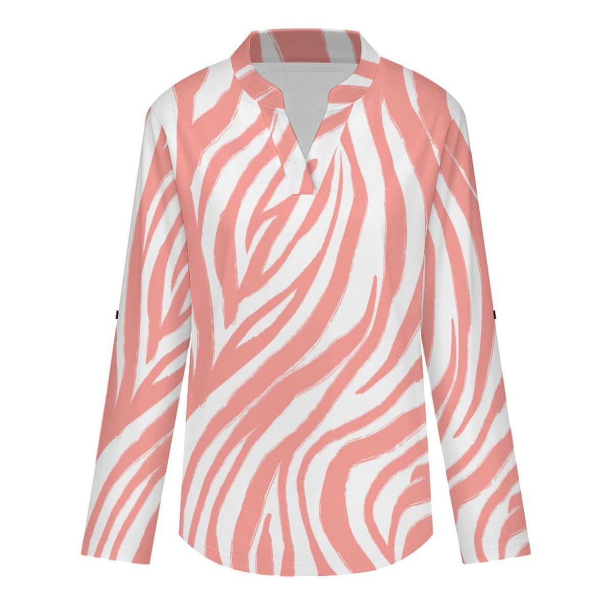 Versatile Notched V-Neck Tunic | Roll Tab 3/4 Sleeve Office Casual Top  Zebra Pattern, Repeating Pattern