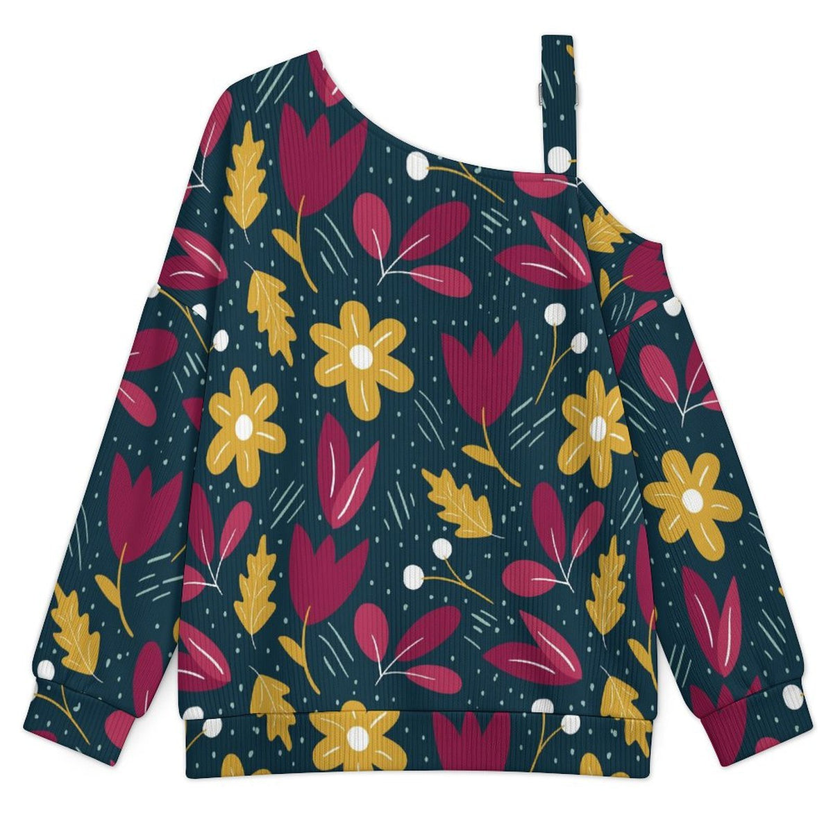 Fall Casual Asymmetric Shoulder Knit Top with Buckle Detail Green Background, Red And Yellow Flowers