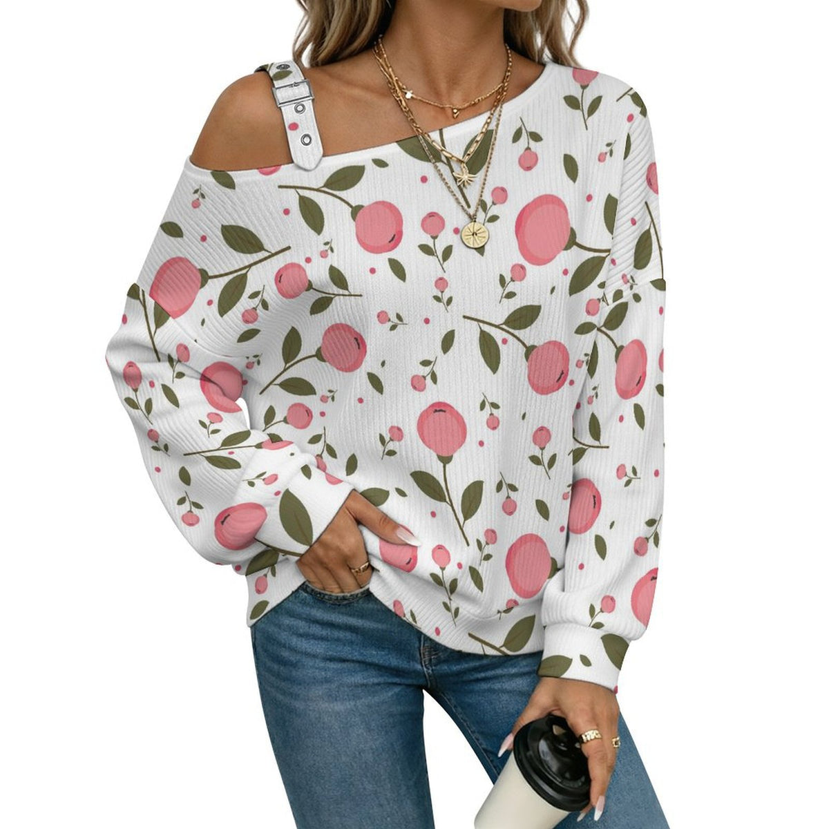 Off-the-shoulder Sweater Flowers Background  Asymmetric Cold Shoulder Knit Sweater for Women, Adjustable Buckle Strap Long Sleeve Casual Slouchy Pullover