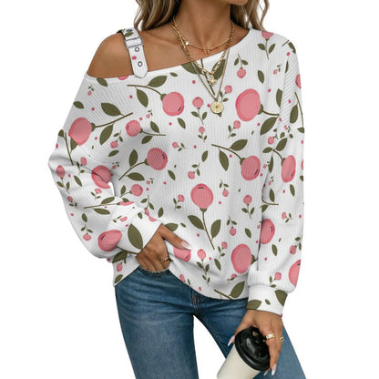 Off-the-shoulder Sweater Flowers Background  Asymmetric Cold Shoulder Knit Sweater for Women, Adjustable Buckle Strap Long Sleeve Casual Slouchy Pullover