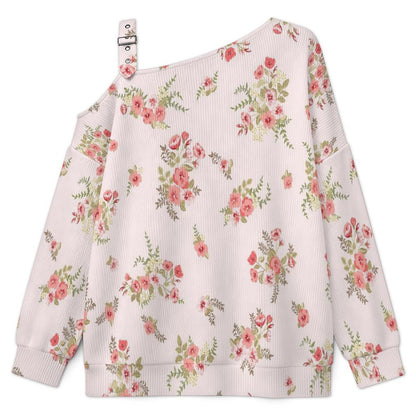 Off-the-shoulder Sweater Floral Pattern  Asymmetric Cold Shoulder Knit Sweater for Women, Adjustable Buckle Strap Long Sleeve Casual Slouchy Pullover