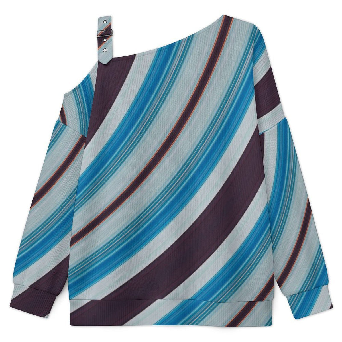 Off-the-shoulder Sweater Blue Smooth Pattern  Asymmetric Cold Shoulder Knit Sweater for Women, Adjustable Buckle Strap Long Sleeve Casual Slouchy Pullover