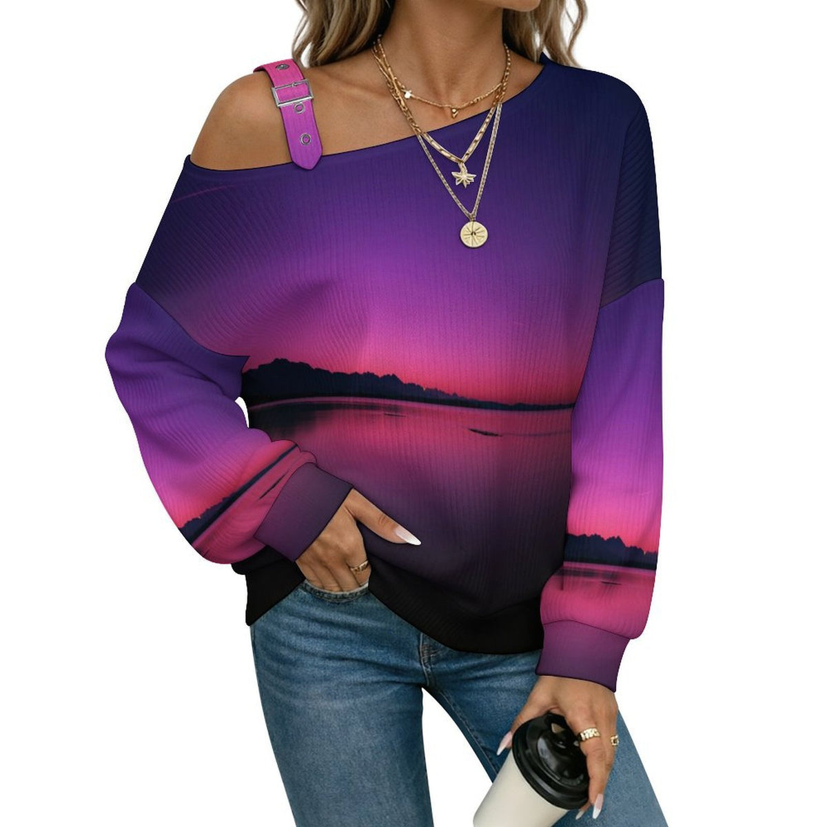 Off-the-shoulder Sweater Quiet Purple Glow  Asymmetric Cold Shoulder Knit Sweater for Women, Adjustable Buckle Strap Long Sleeve Casual Slouchy Pullover
