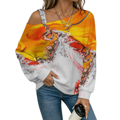 Off-the-shoulder Sweater Yellow, Red, Black, Water Ripple  Asymmetric Cold Shoulder Knit Sweater for Women, Adjustable Buckle Strap Long Sleeve Casual Slouchy Pullover