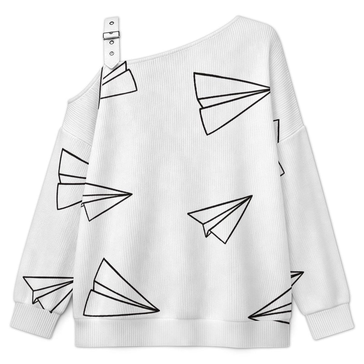 Off-the-shoulder Sweater Paper Aircraft Decorative Pattern  Asymmetric Cold Shoulder Knit Sweater for Women, Adjustable Buckle Strap Long Sleeve Casual Slouchy Pullover