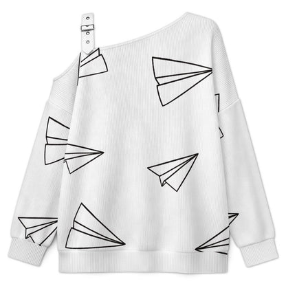 Off-the-shoulder Sweater Paper Aircraft Decorative Pattern  Asymmetric Cold Shoulder Knit Sweater for Women, Adjustable Buckle Strap Long Sleeve Casual Slouchy Pullover