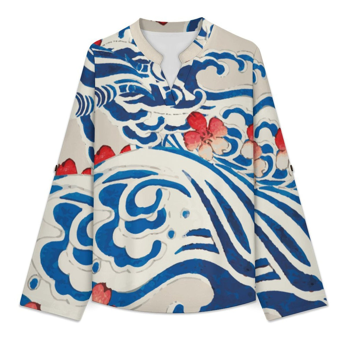 Stand-up Collar Long-sleeved Shirt Chinese Wind, Waves, Flowers  Customization Women’s V-Neck Blouses,long Sleeve,Roll-Up Sleeve Shirt