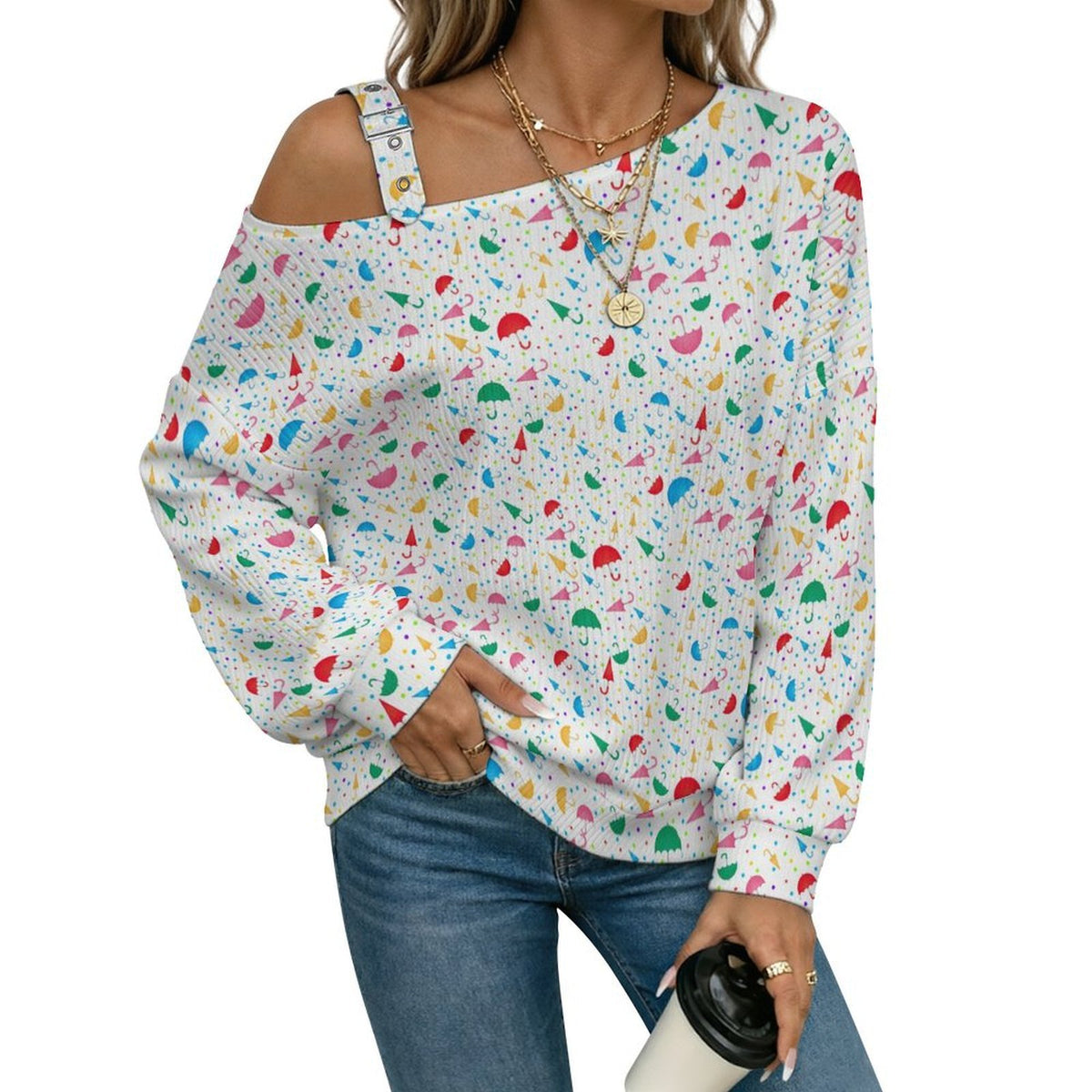 Buckle Strap Asymmetrical Off Shoulder Knit Sweater Color Umbrella