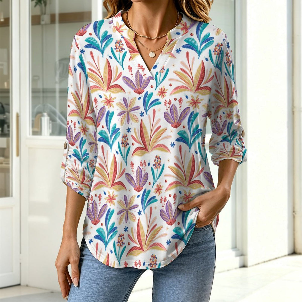 Repeat Patterned Flower Plants  Versatile Notched V-Neck Tunic | Roll Tab 3/4 Sleeve Office Casual Top