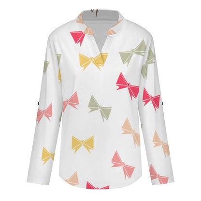 Stand-up Collar Long-sleeved Shirt Colored Bow  Customization Women’s V-Neck Blouses,long Sleeve,Roll-Up Sleeve Shirt