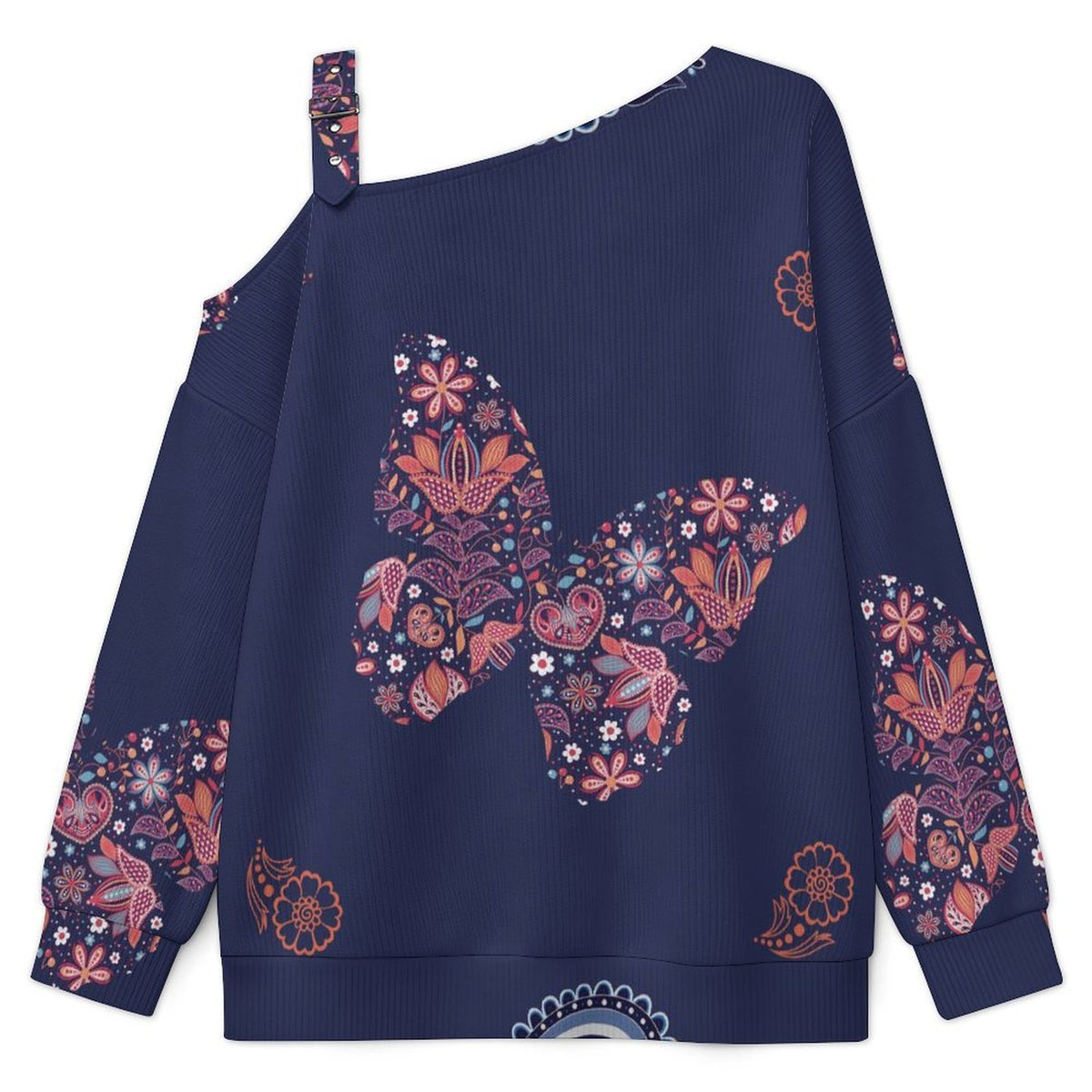 Off-the-shoulder Sweater Paisley Texture Butterfly Repeat Tile Texture  Asymmetric Cold Shoulder Knit Sweater for Women, Adjustable Buckle Strap Long Sleeve Casual Slouchy Pullover
