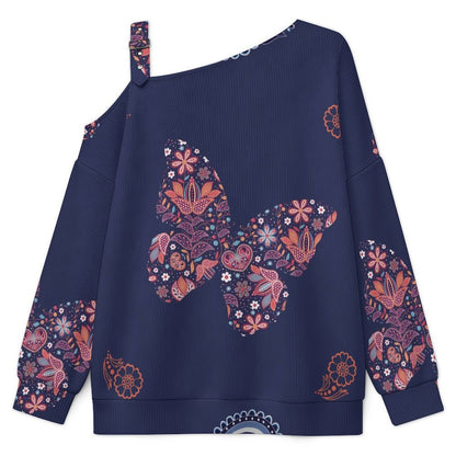 Off-the-shoulder Sweater Paisley Texture Butterfly Repeat Tile Texture  Asymmetric Cold Shoulder Knit Sweater for Women, Adjustable Buckle Strap Long Sleeve Casual Slouchy Pullover
