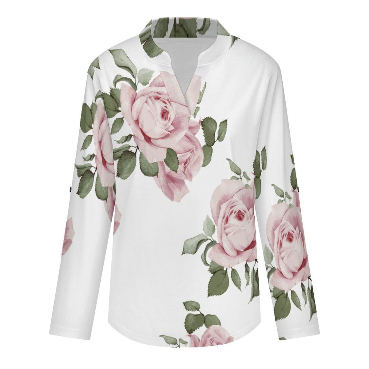 Stand-up Collar Long-sleeved Shirt Rose Repeat Tablecloth Curtain  Customization Women’s V-Neck Blouses,long Sleeve,Roll-Up Sleeve Shirt