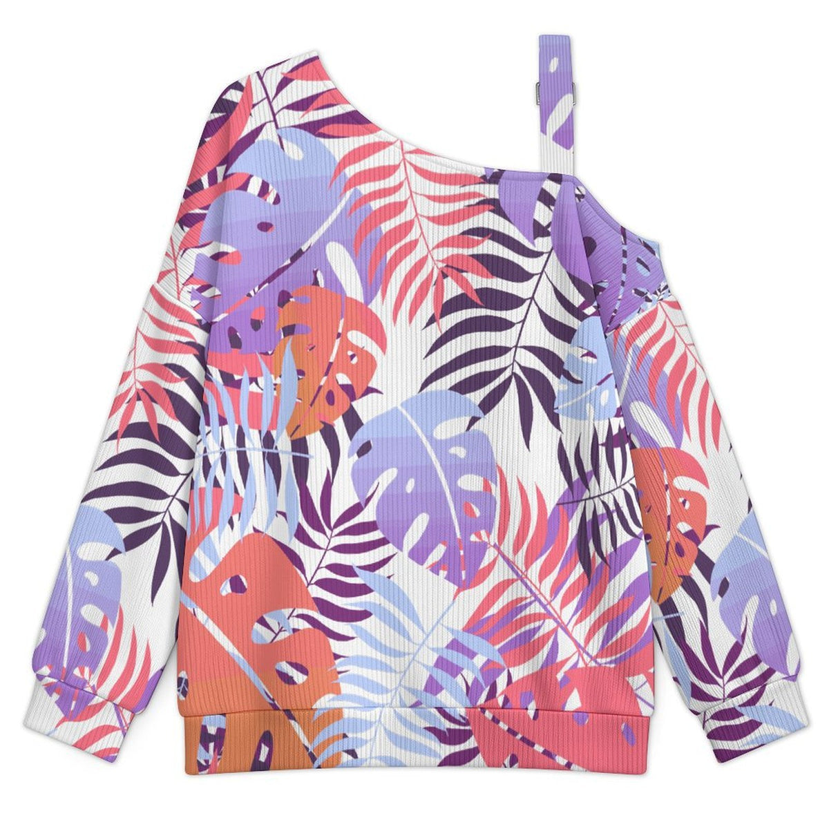 Off-the-shoulder Sweater Tile Pattern-Leaf-Purple-Pink  Asymmetric Cold Shoulder Knit Sweater for Women, Adjustable Buckle Strap Long Sleeve Casual Slouchy Pullover