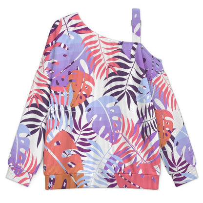 Off-the-shoulder Sweater Tile Pattern-Leaf-Purple-Pink  Asymmetric Cold Shoulder Knit Sweater for Women, Adjustable Buckle Strap Long Sleeve Casual Slouchy Pullover