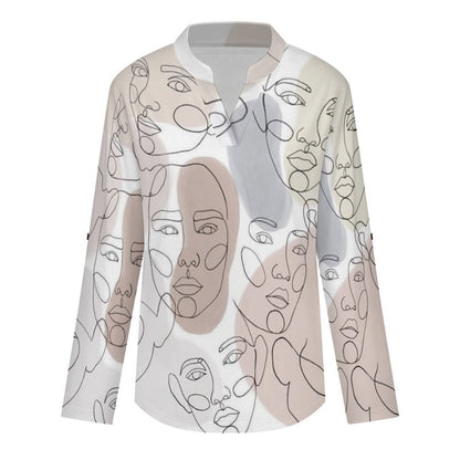 Stand-up Collar Long-sleeved Shirt Character Line Design  Customization Women’s V-Neck Blouses,long Sleeve,Roll-Up Sleeve Shirt
