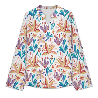 Stand-up Collar Long-sleeved Shirt Repeat Patterned Flower Plants  Customization Women’s V-Neck Blouses,long Sleeve,Roll-Up Sleeve Shirt