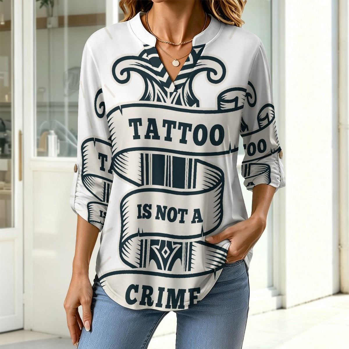 Stand-up Collar Long-sleeved Shirt Dagger, Weapon  Customization Women’s V-Neck Blouses,long Sleeve,Roll-Up Sleeve Shirt