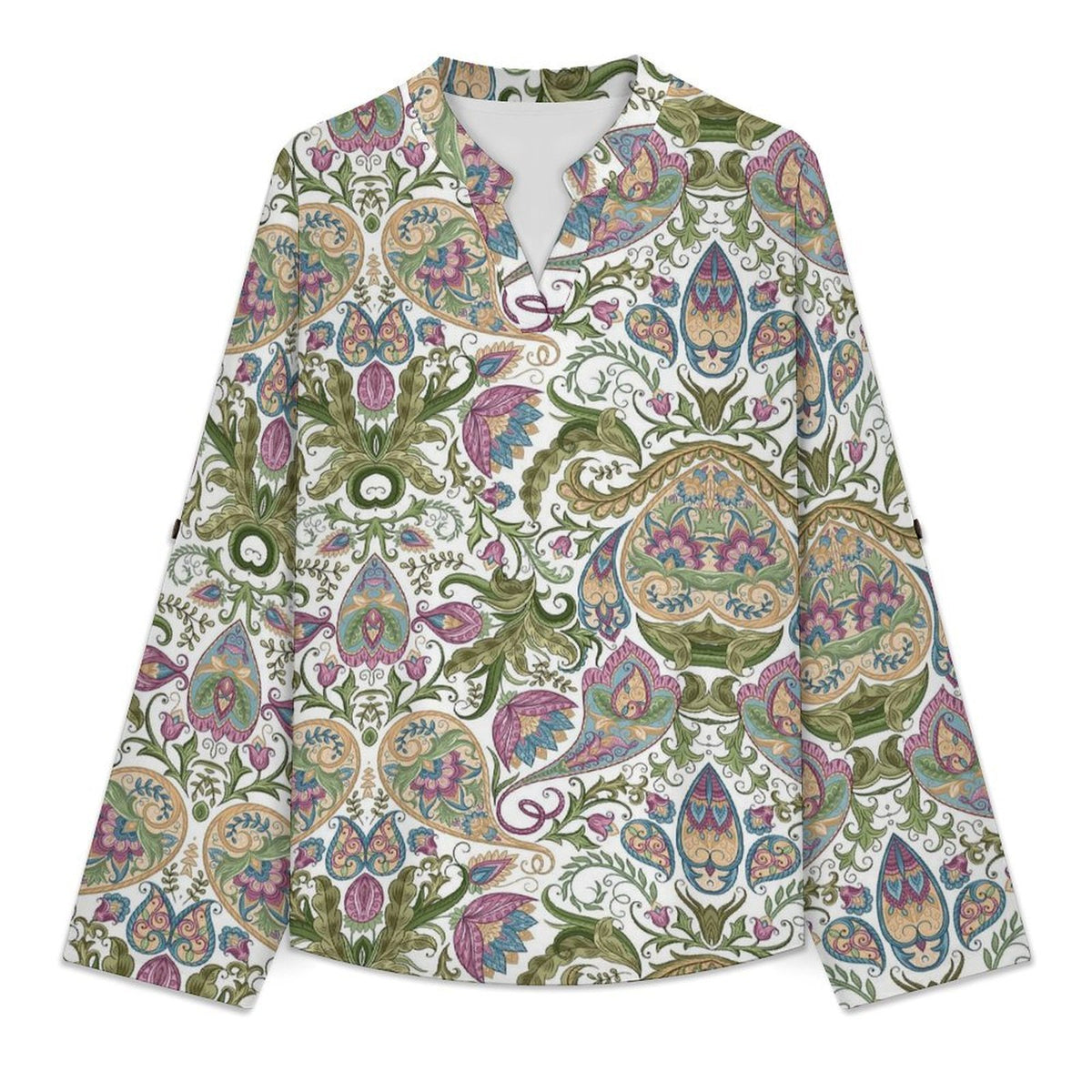 Paisley  Versatile Notched V-Neck Tunic | Roll Tab 3/4 Sleeve Office Casual Top