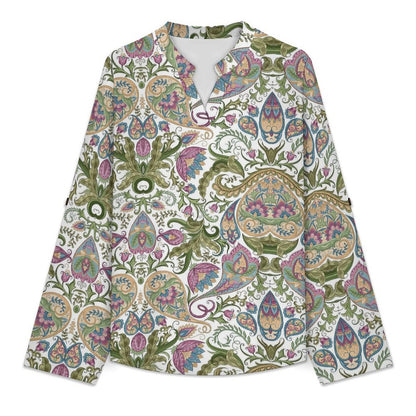 Paisley  Versatile Notched V-Neck Tunic | Roll Tab 3/4 Sleeve Office Casual Top