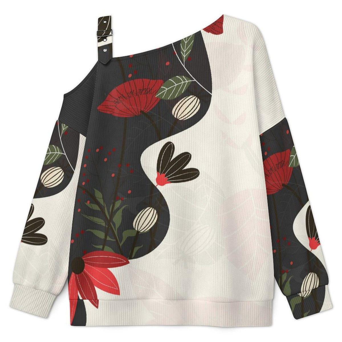 Off-the-shoulder Sweater Flowers in Danger Zone,Little Red Flowers  Asymmetric Cold Shoulder Knit Sweater for Women, Adjustable Buckle Strap Long Sleeve Casual Slouchy Pullover