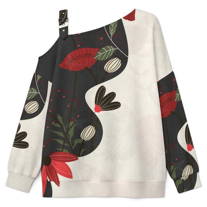 Off-the-shoulder Sweater Flowers in Danger Zone,Little Red Flowers  Asymmetric Cold Shoulder Knit Sweater for Women, Adjustable Buckle Strap Long Sleeve Casual Slouchy Pullover