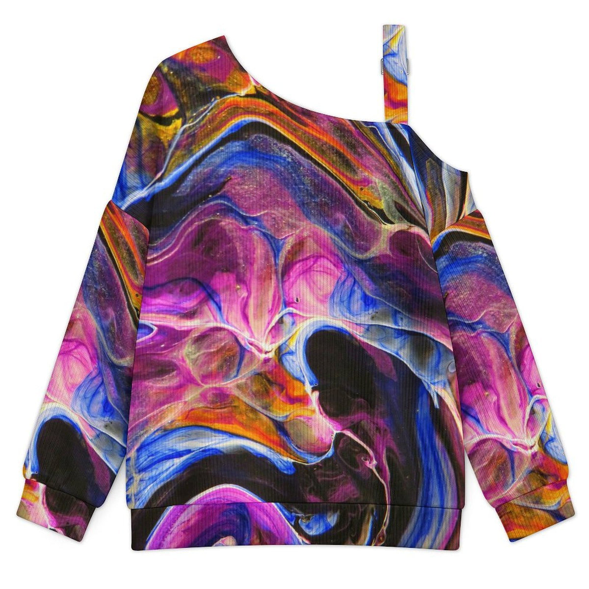 Off-the-shoulder Sweater Color Shading, Pattern, Abstract  Asymmetric Cold Shoulder Knit Sweater for Women, Adjustable Buckle Strap Long Sleeve Casual Slouchy Pullover