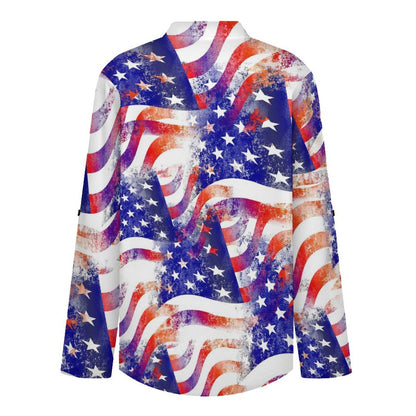 Stand-up Collar Long-sleeved Shirt Many American Flags Intertwined  Customization Women’s V-Neck Blouses,long Sleeve,Roll-Up Sleeve Shirt