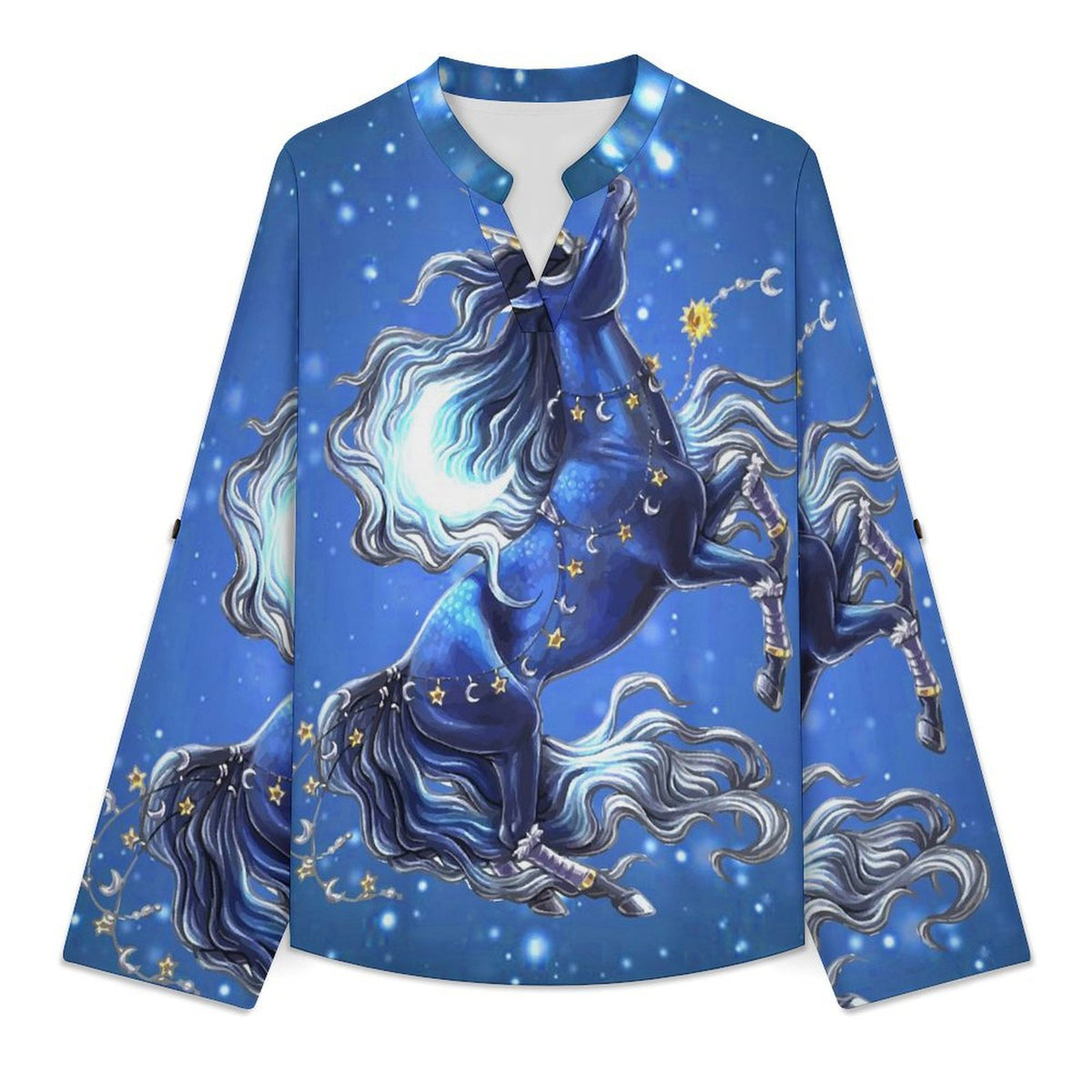 Stand-up Collar Long-sleeved Shirt Unicorn  Customization Women’s V-Neck Blouses,long Sleeve,Roll-Up Sleeve Shirt