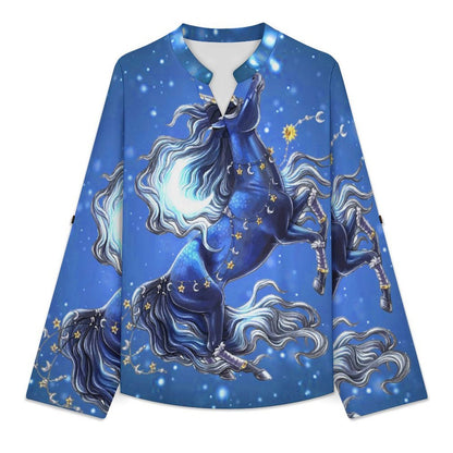 Stand-up Collar Long-sleeved Shirt Unicorn  Customization Women’s V-Neck Blouses,long Sleeve,Roll-Up Sleeve Shirt