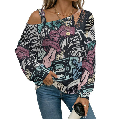 Off-the-shoulder Sweater Trendy Graffiti  Asymmetric Cold Shoulder Knit Sweater for Women, Adjustable Buckle Strap Long Sleeve Casual Slouchy Pullover
