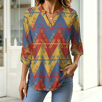 Stand-up Collar Long-sleeved Shirt Wavy Grid  Customization Women’s V-Neck Blouses,long Sleeve,Roll-Up Sleeve Shirt