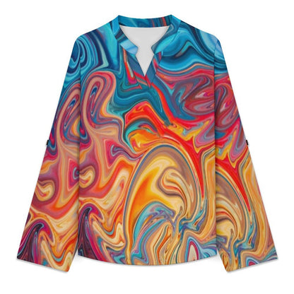 Stand-up Collar Long-sleeved Shirt Flowing Sci-fi Liquid Dazzle white S Women’s V-Neck Blouses