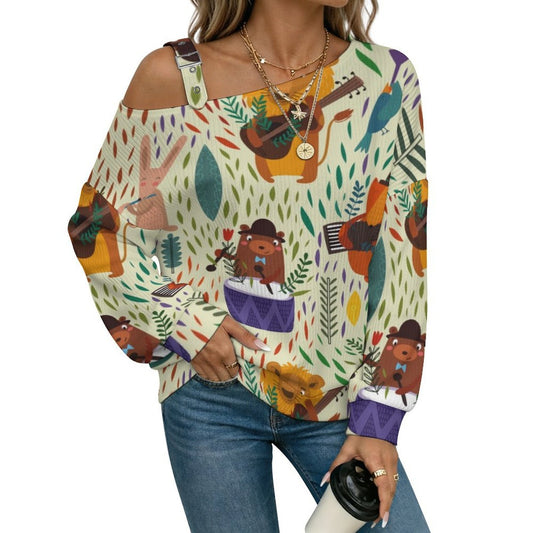 Off-the-shoulder Sweater Animal Concert  Asymmetric Cold Shoulder Knit Sweater for Women, Adjustable Buckle Strap Long Sleeve Casual Slouchy Pullover