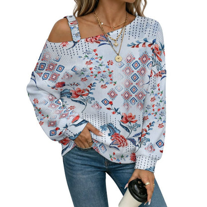 Off-the-shoulder Sweater Exotic Ethnic Pattern  Asymmetric Cold Shoulder Knit Sweater for Women, Adjustable Buckle Strap Long Sleeve Casual Slouchy Pullover