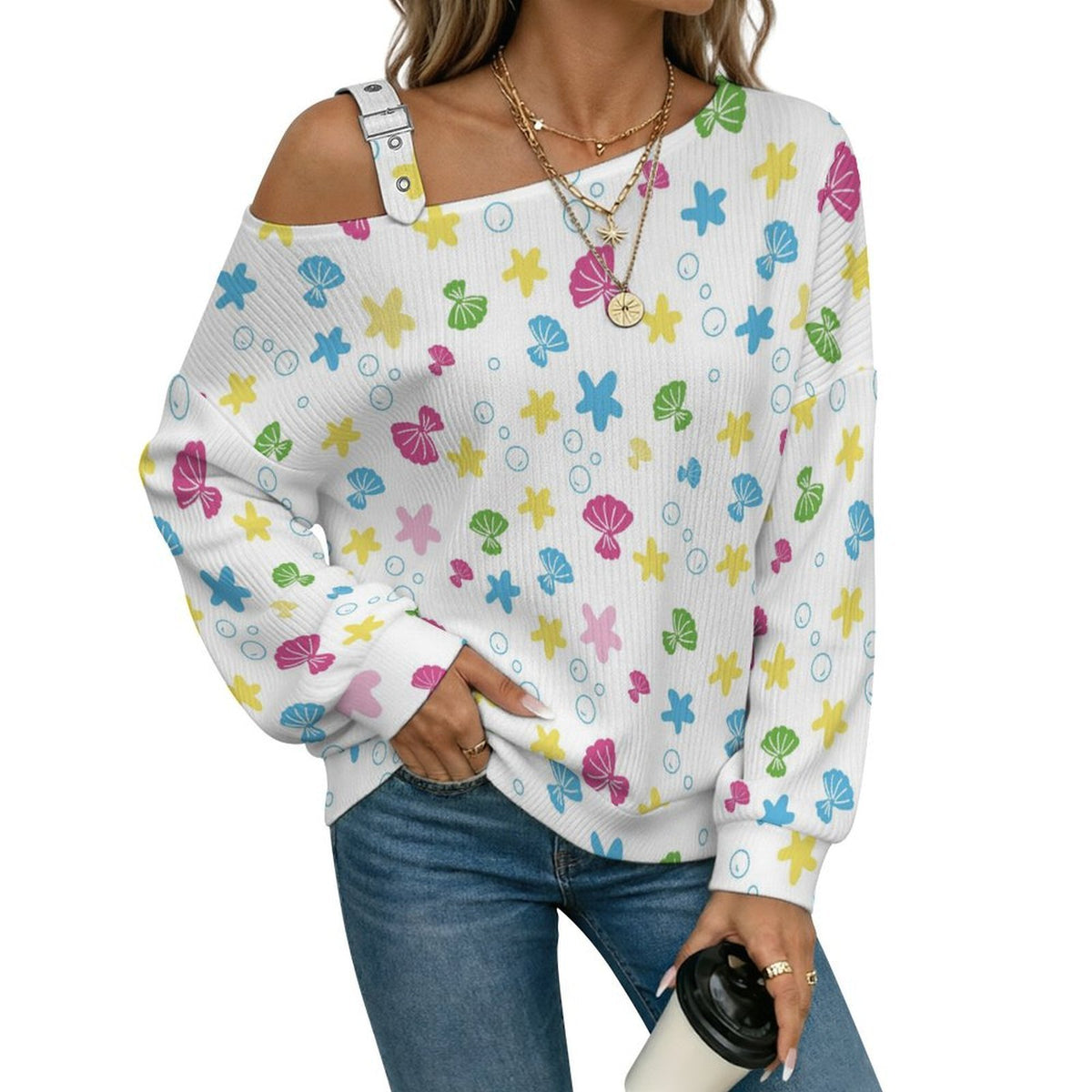 Off-the-shoulder Sweater Shell Background  Asymmetric Cold Shoulder Knit Sweater for Women, Adjustable Buckle Strap Long Sleeve Casual Slouchy Pullover