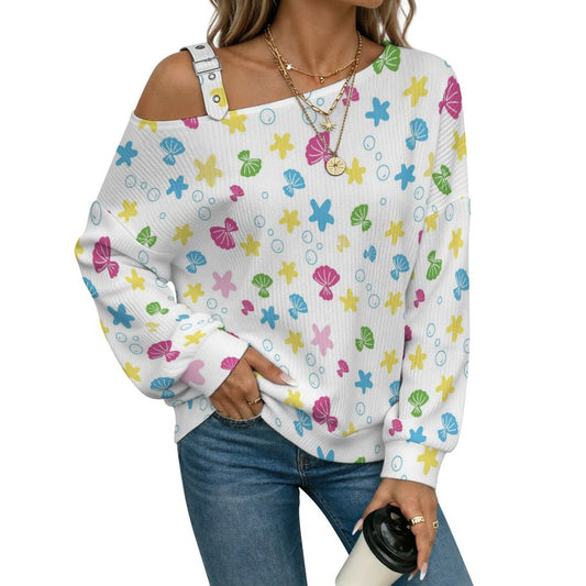 Off-the-shoulder Sweater Shell Background  Asymmetric Cold Shoulder Knit Sweater for Women, Adjustable Buckle Strap Long Sleeve Casual Slouchy Pullover
