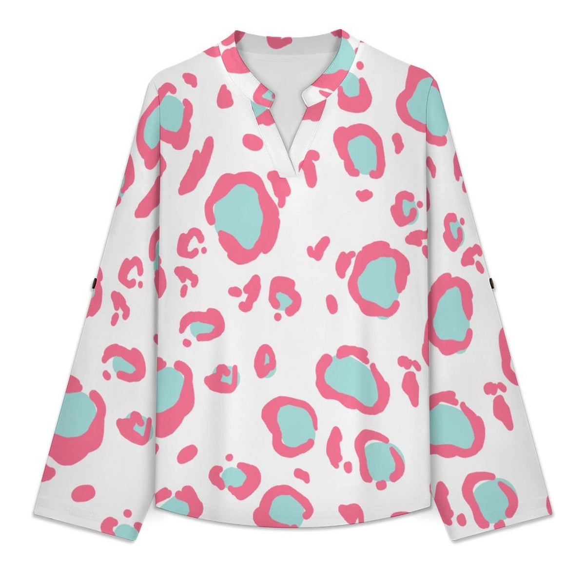 Pink Leopard Print  Women Curved Hem V Neck Roll Sleeve Casual Work Top