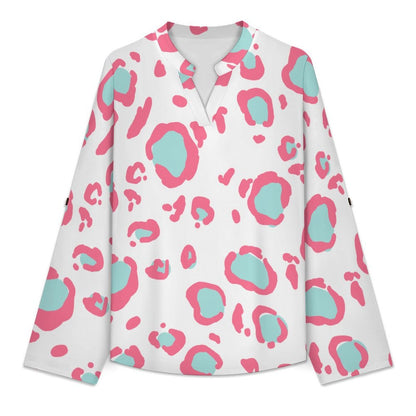 Pink Leopard Print  Women Curved Hem V Neck Roll Sleeve Casual Work Top