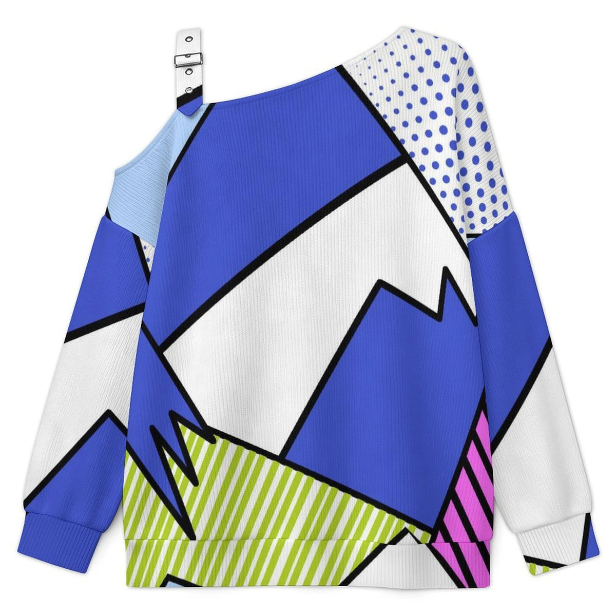 Off-the-shoulder Sweater Tile Pattern-Pop Style-blue-Polka Dot  Asymmetric Cold Shoulder Knit Sweater for Women, Adjustable Buckle Strap Long Sleeve Casual Slouchy Pullover