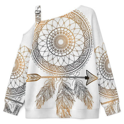 Off-the-shoulder Sweater Feathers  Asymmetric Cold Shoulder Knit Sweater for Women, Adjustable Buckle Strap Long Sleeve Casual Slouchy Pullover