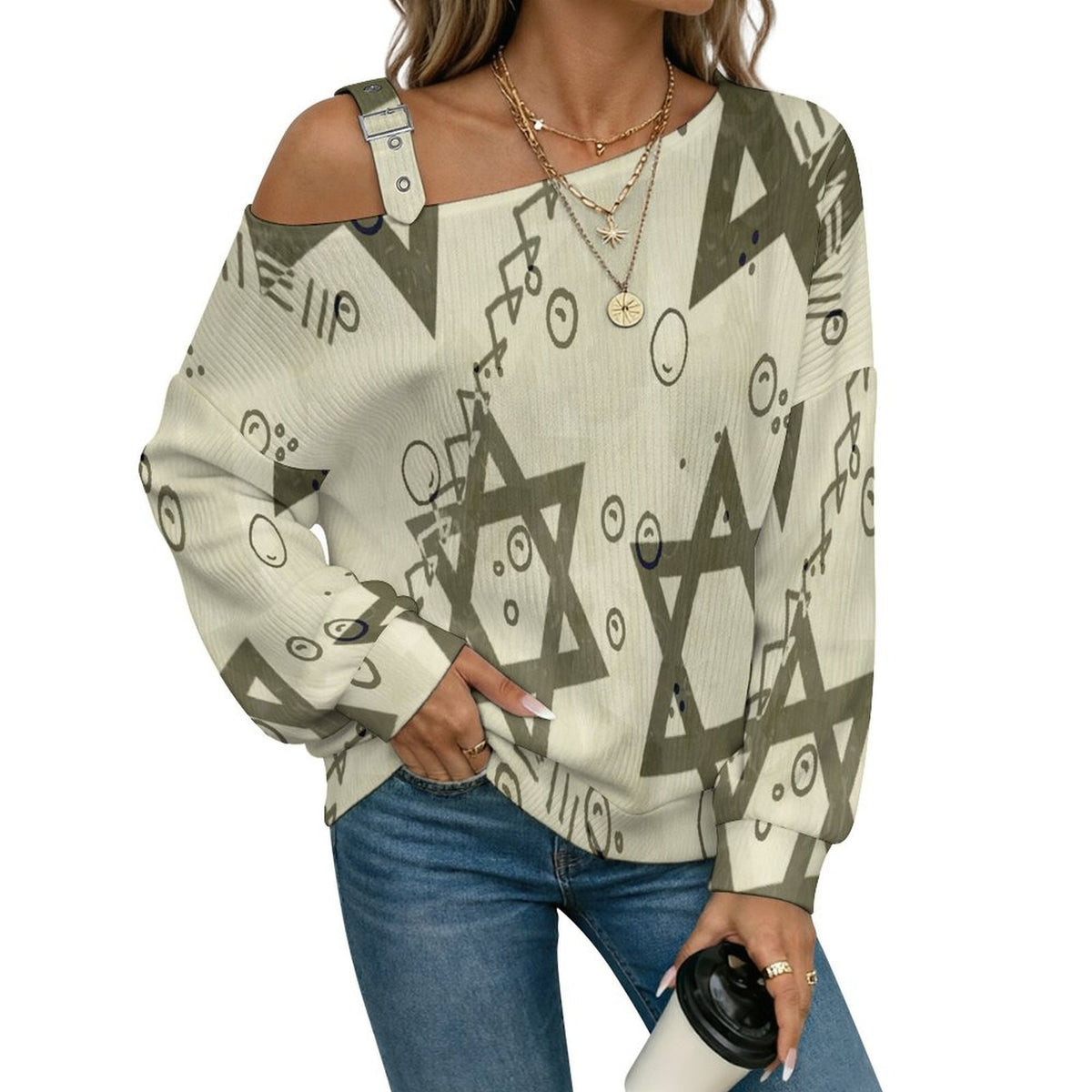 Off-the-shoulder Sweater Star-of-david  Asymmetric Cold Shoulder Knit Sweater for Women, Adjustable Buckle Strap Long Sleeve Casual Slouchy Pullover