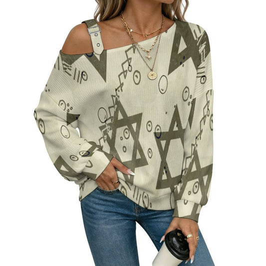Off-the-shoulder Sweater Star-of-david  Asymmetric Cold Shoulder Knit Sweater for Women, Adjustable Buckle Strap Long Sleeve Casual Slouchy Pullover