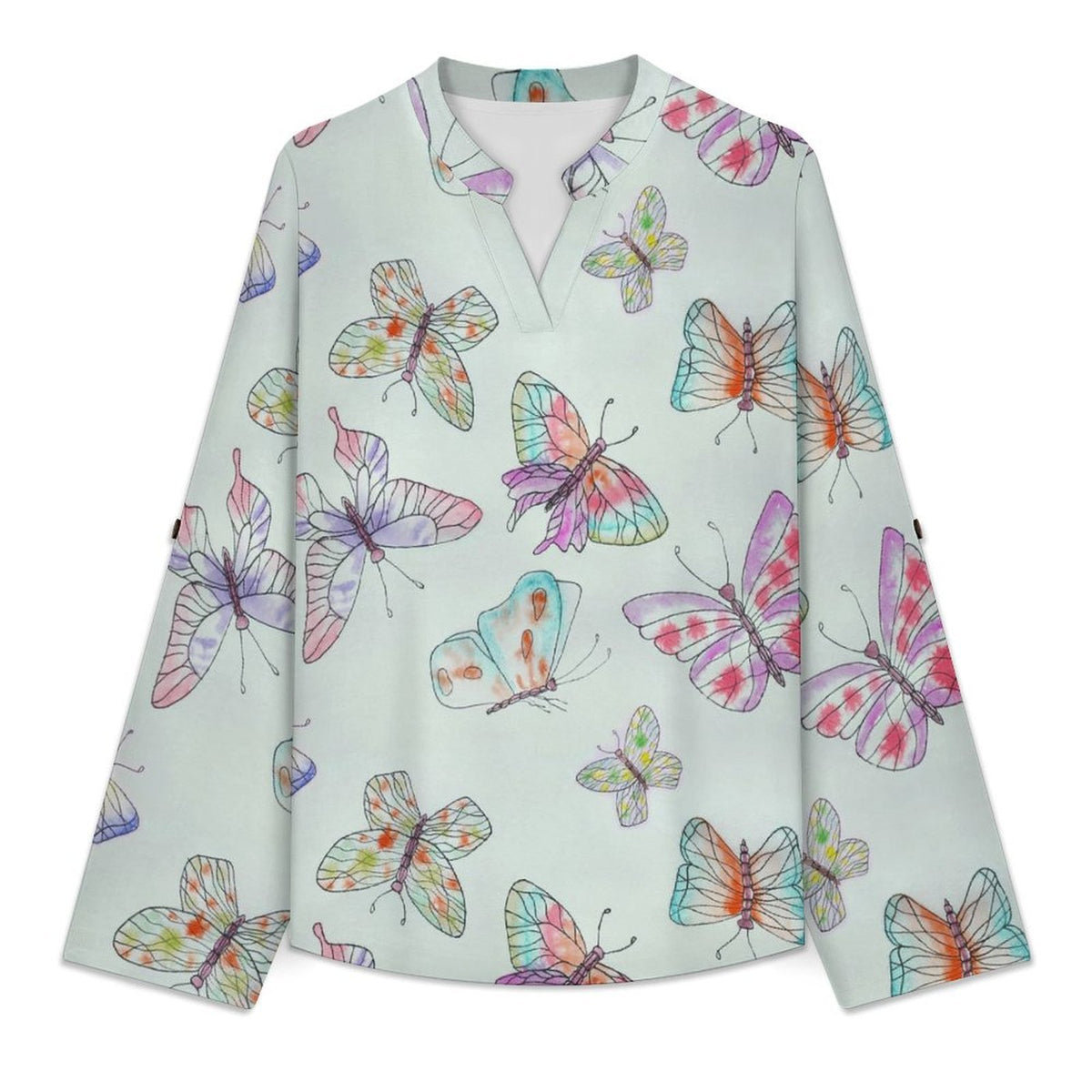 Stand-up Collar Long-sleeved Shirt Color Butterfly Background  Customization Women’s V-Neck Blouses,long Sleeve,Roll-Up Sleeve Shirt