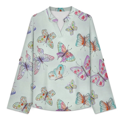 Stand-up Collar Long-sleeved Shirt Color Butterfly Background  Customization Women’s V-Neck Blouses,long Sleeve,Roll-Up Sleeve Shirt