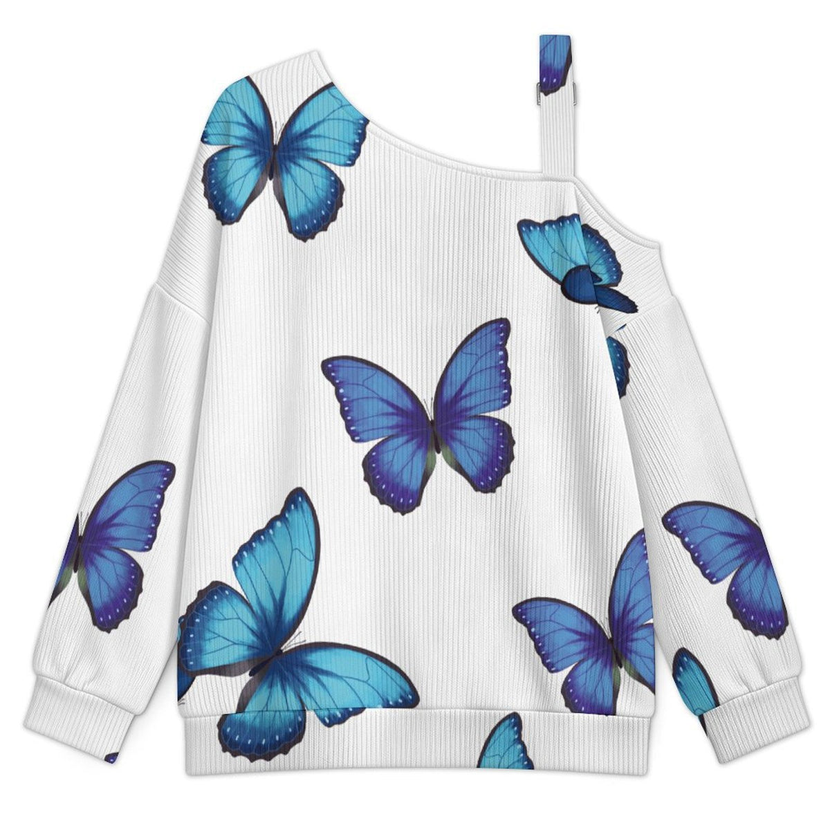Off-the-shoulder Sweater Blue Morpho Butterfly Tile Decorative Pattern  Asymmetric Cold Shoulder Knit Sweater for Women, Adjustable Buckle Strap Long Sleeve Casual Slouchy Pullover