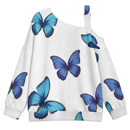 Off-the-shoulder Sweater Blue Morpho Butterfly Tile Decorative Pattern  Asymmetric Cold Shoulder Knit Sweater for Women, Adjustable Buckle Strap Long Sleeve Casual Slouchy Pullover